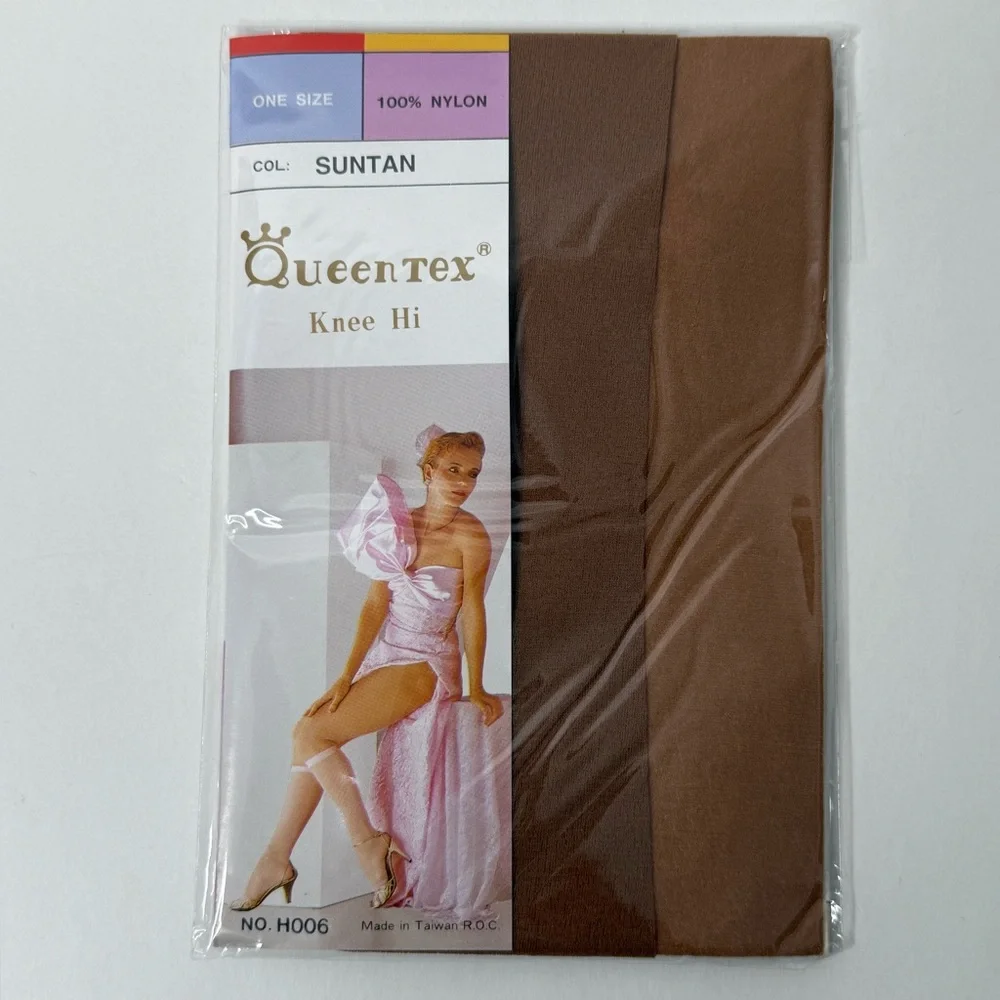 Queentex Stockings Womens  One Size Knee High Suntan Nylons Vintage Pull‎ Up New